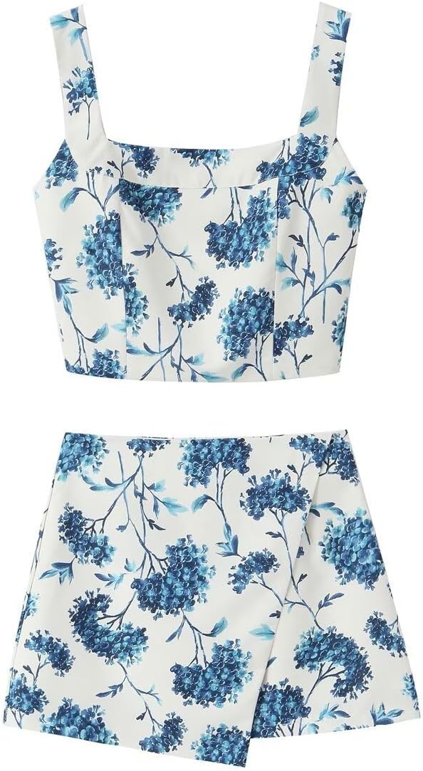 Conjunto para mujer de short falda y top estampado azul para verano