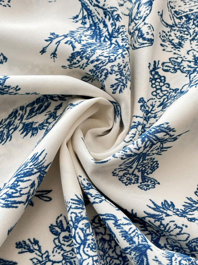 Vestido blanco con celeste casual de manga larga con cuello vuelto, estampado botánico, para maternidad, ideal para vacaciones