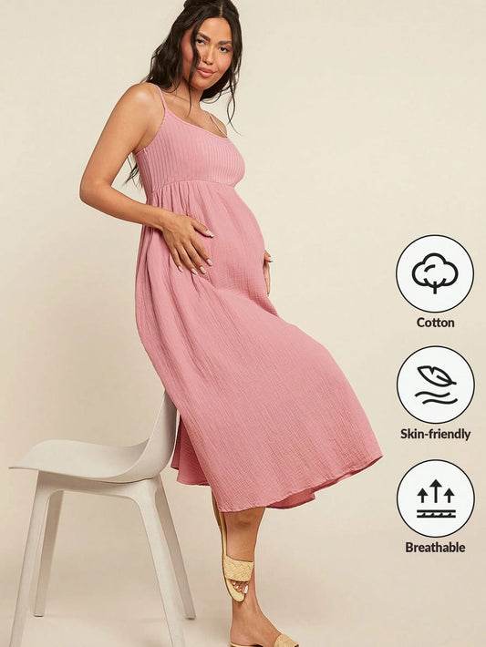 Vestido midi de tirantes con tela de algodón y lino para maternidad rosa fresco para el verano