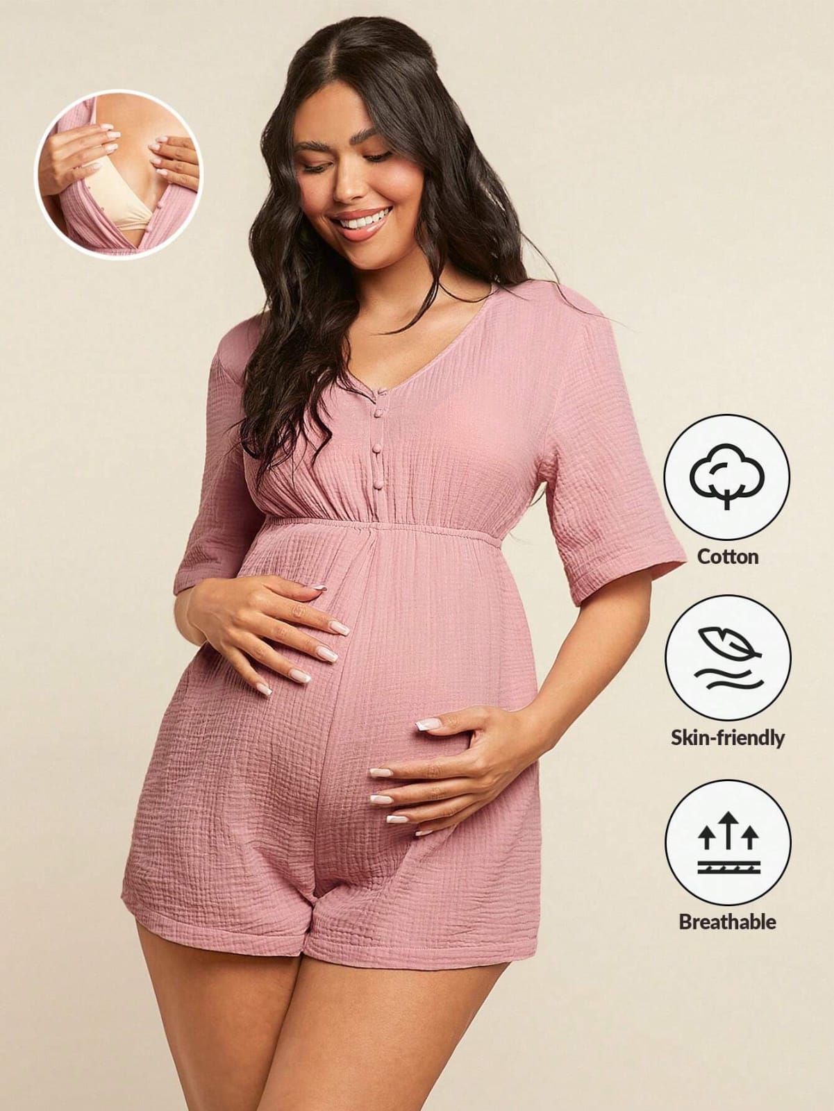 Romper de maternidad de algodón y lino rosa