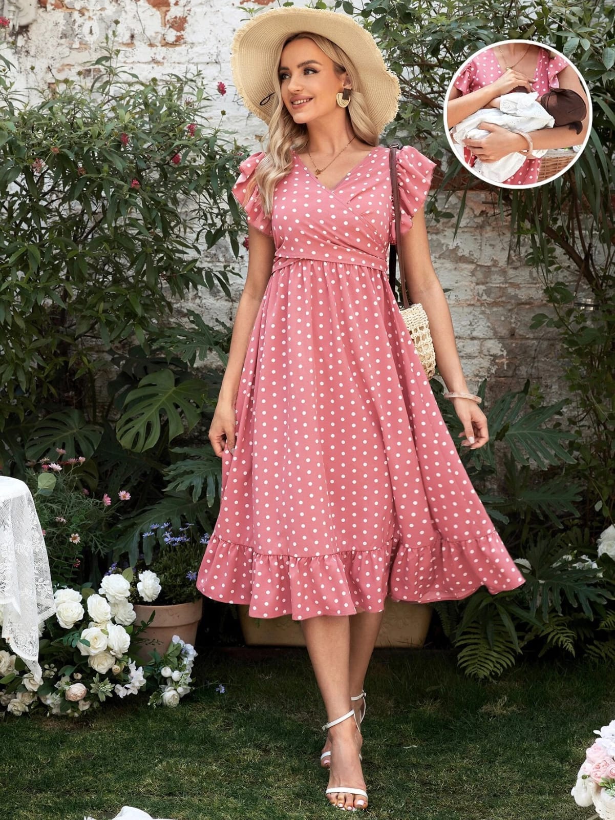Vestido Maternidad con estampado de puntos con diseño para lactancia