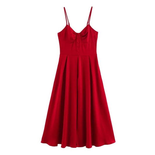 Vestido rojo elegante midi de tirantes para eventos casuales de día sin mangas
