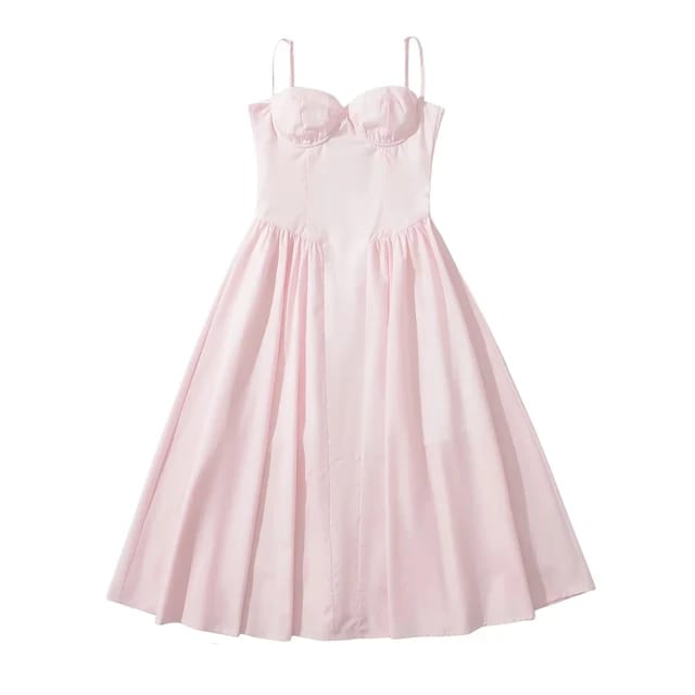 Vestido Midi Rosa Sólido – Estilo Romántico y Atemporal sin mangas