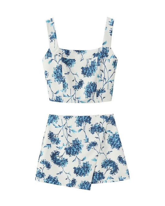 Conjunto para mujer de short falda y top estampado azul para verano