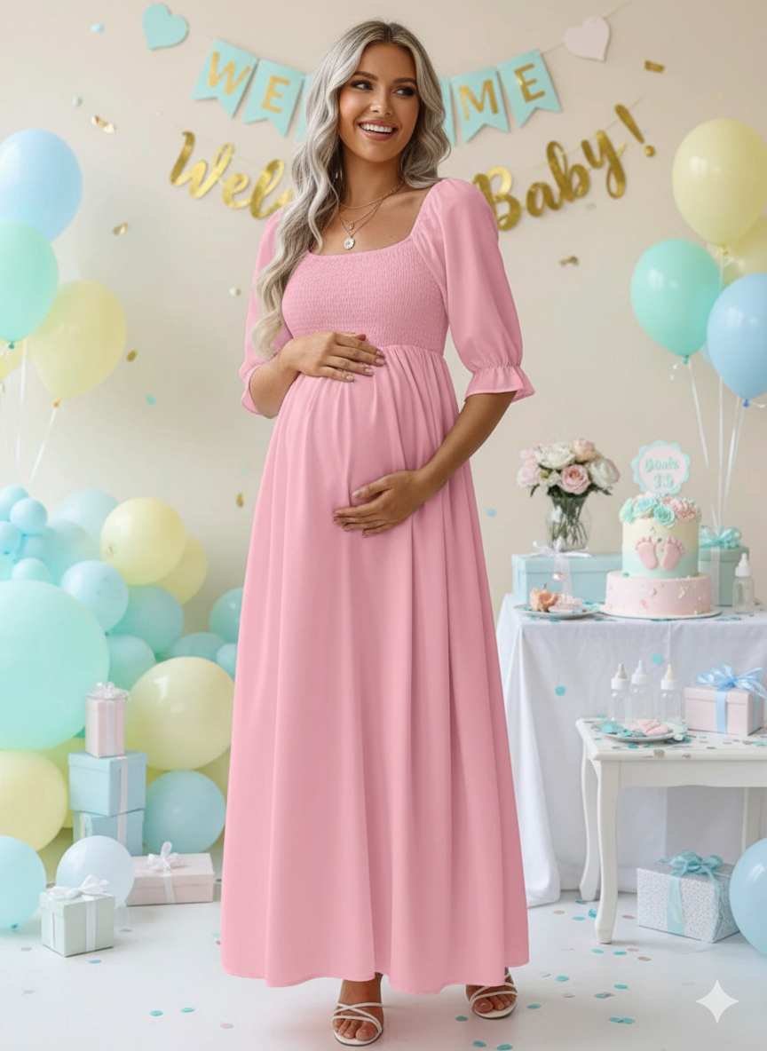Vestido de maternidad largo rosado con cuello cuadrado para babyshowers y revelación de genero