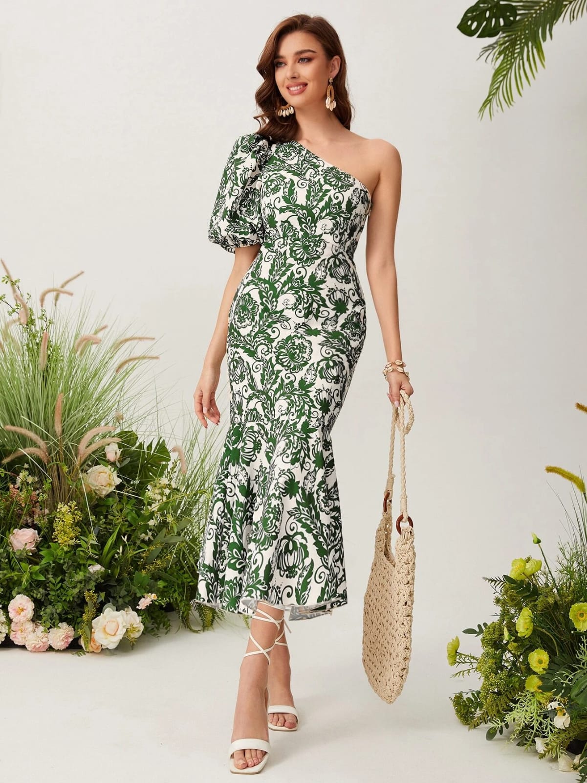 Vestido midi de una manga estampado verde
