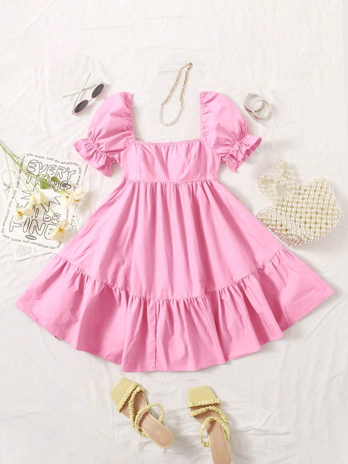 Vestido corto De Burbuja Con Mangas Abullonadas y Cuello Cuadrado rosa