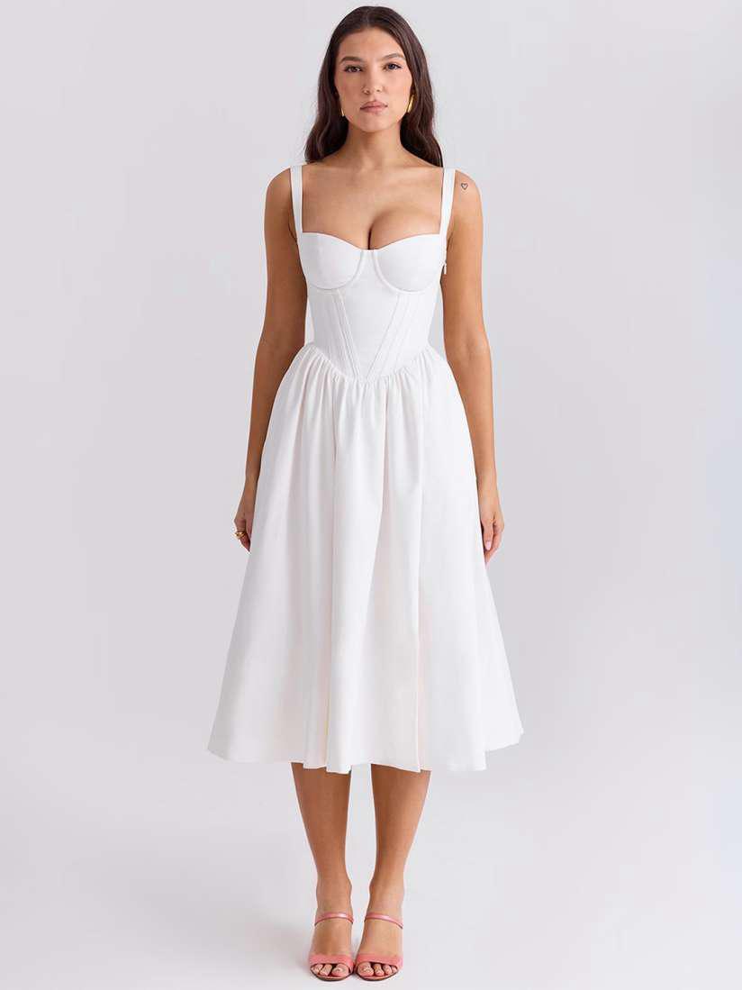 Vestido detalles corset falda tipo campana blanco