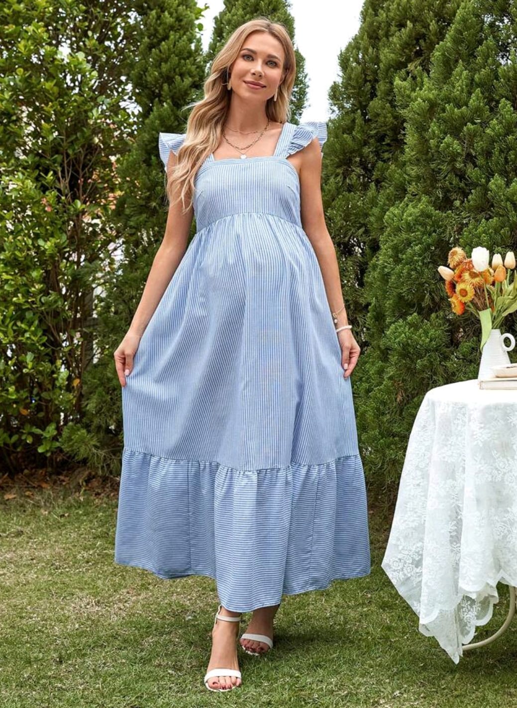 Vestido de lactancia con mangas fruncidas Celeste con rayas blancas