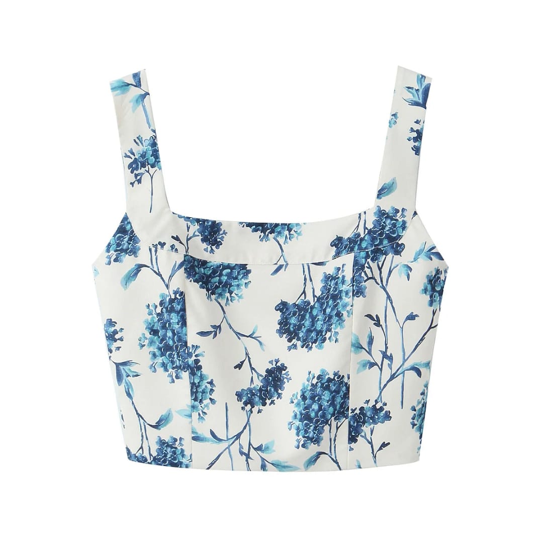 Conjunto para mujer de short falda y top estampado azul para verano