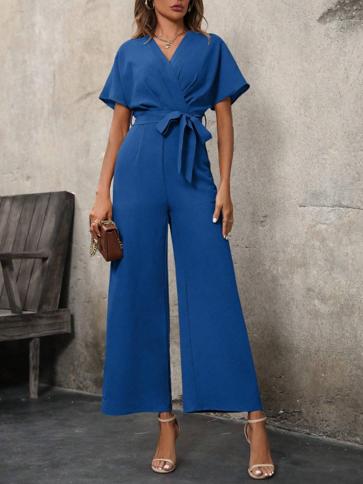 Jumpsuit De Pierna Ancha y Cuello En V azul