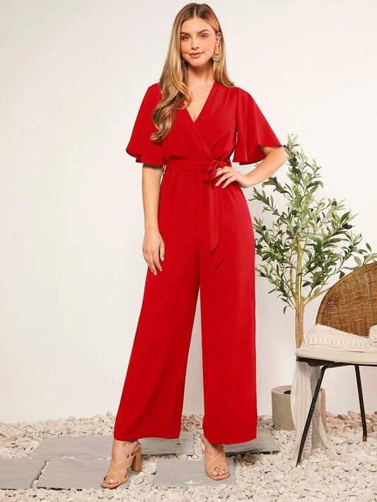 Jumpsuit De Pierna Ancha y Cuello En V rojo