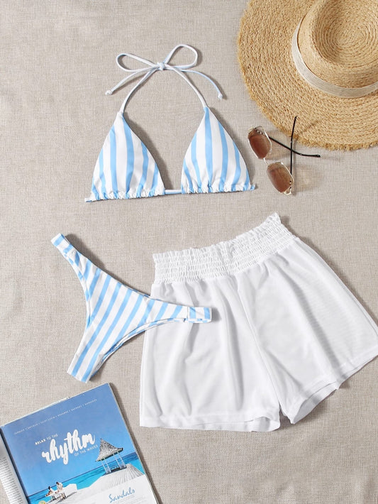 Traje de baño de tres piezas con salida de baño, bikini tipo brasileño color blanco con celeste a rayas