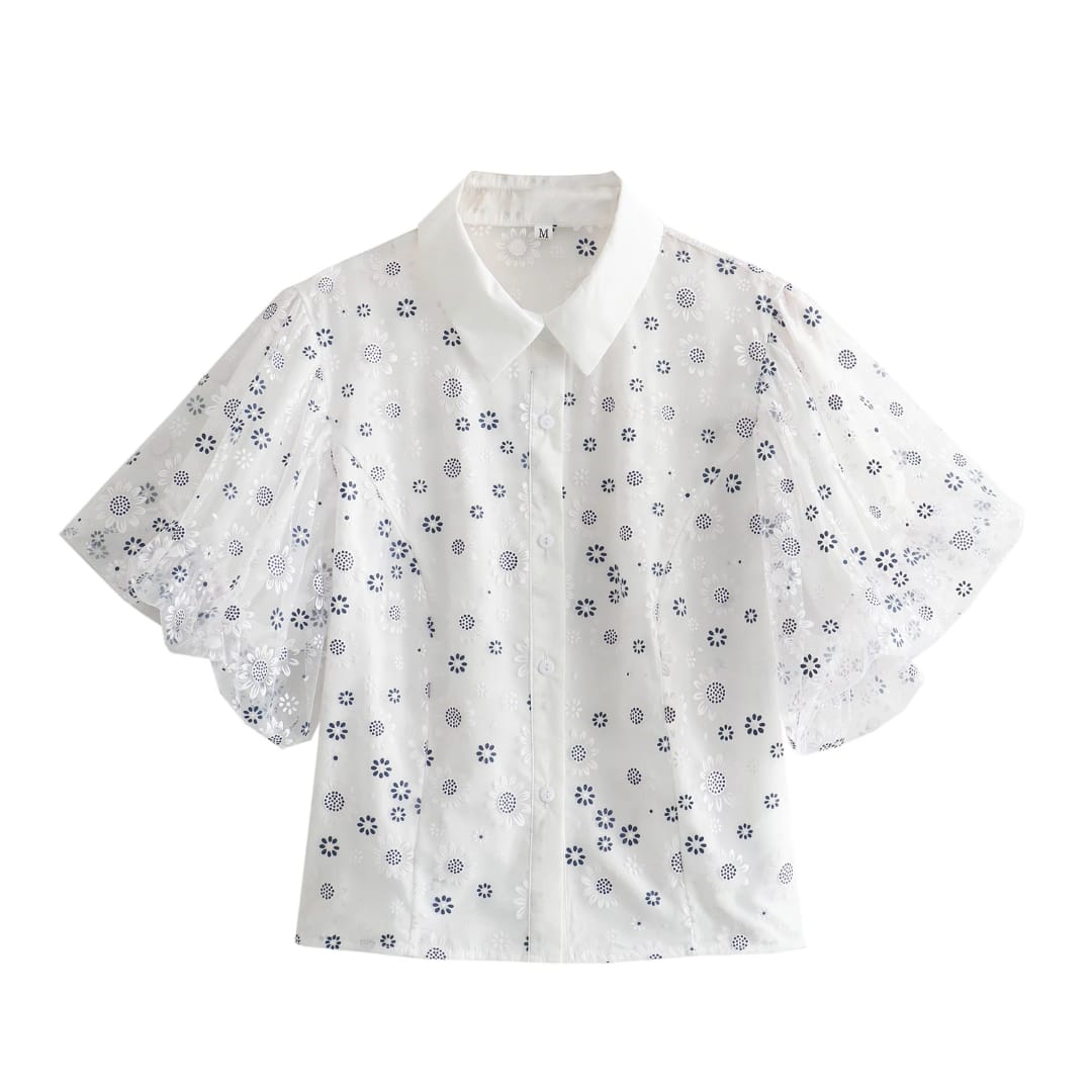 Blusa de cuello para mujer con mangas blanca con estampado