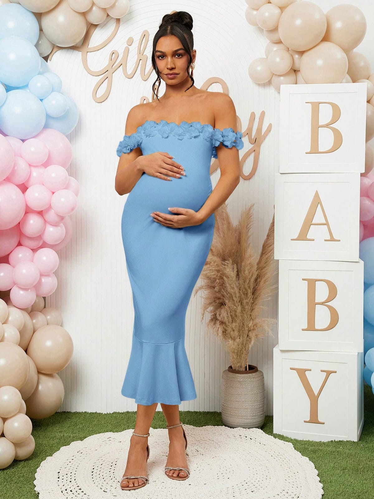 Vestido maternidad sin hombros midi celeste