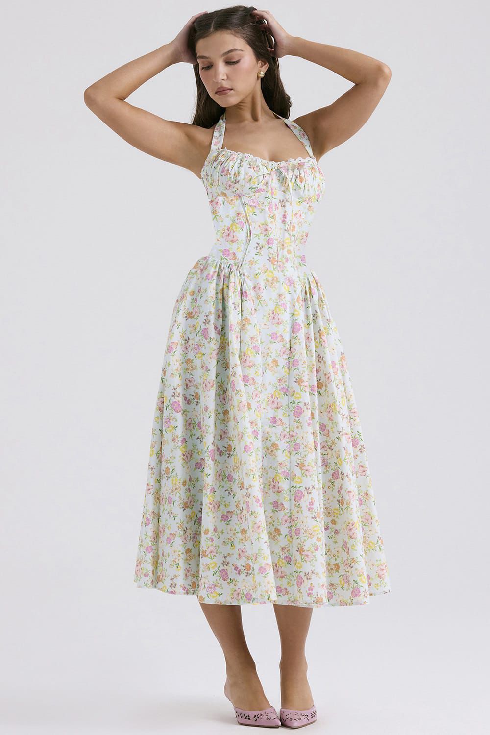 Vestido halter midi verde con print