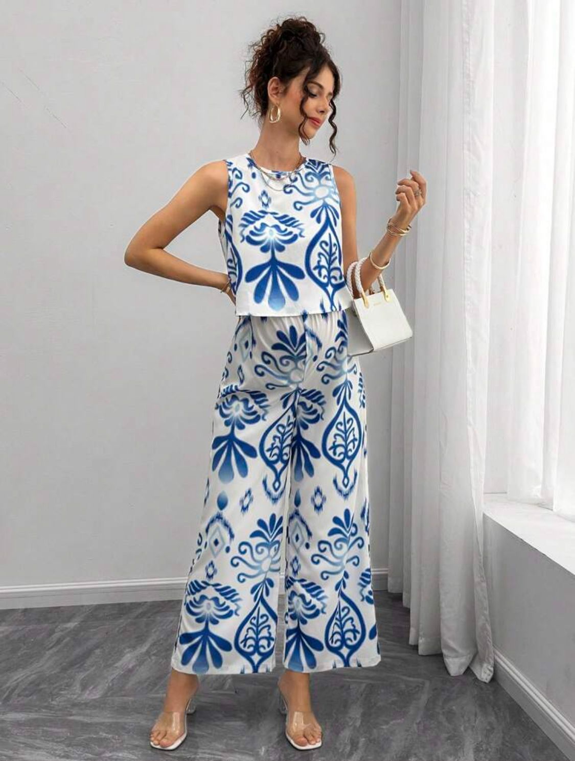Conjunto de maternidad de top y pantalón estampado azul