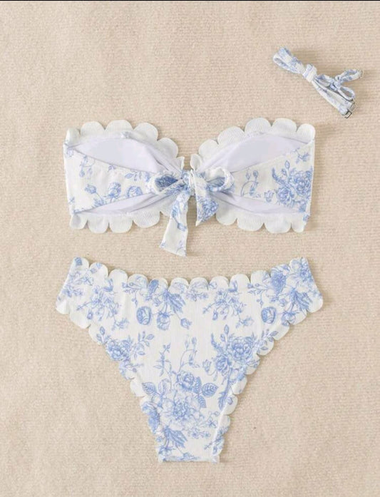 Traje de baño de dos piezas strapless print celeste