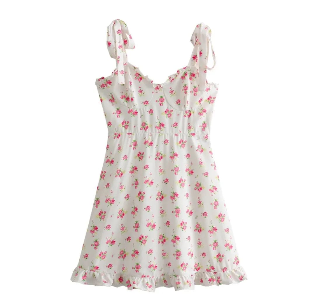 Vestido corto estampado blanco con rosa de tirantes