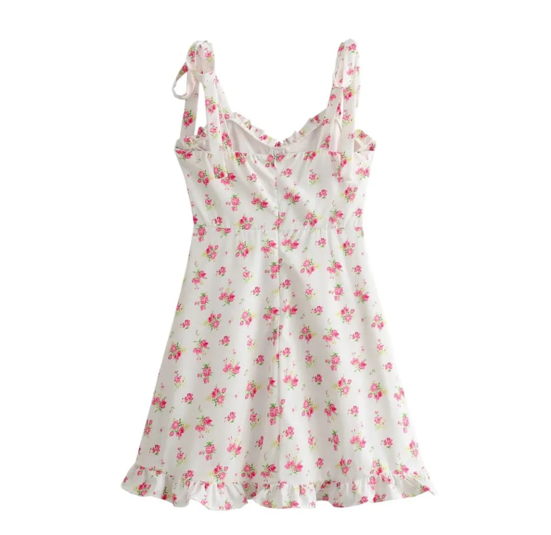 Vestido corto estampado blanco con rosa de tirantes