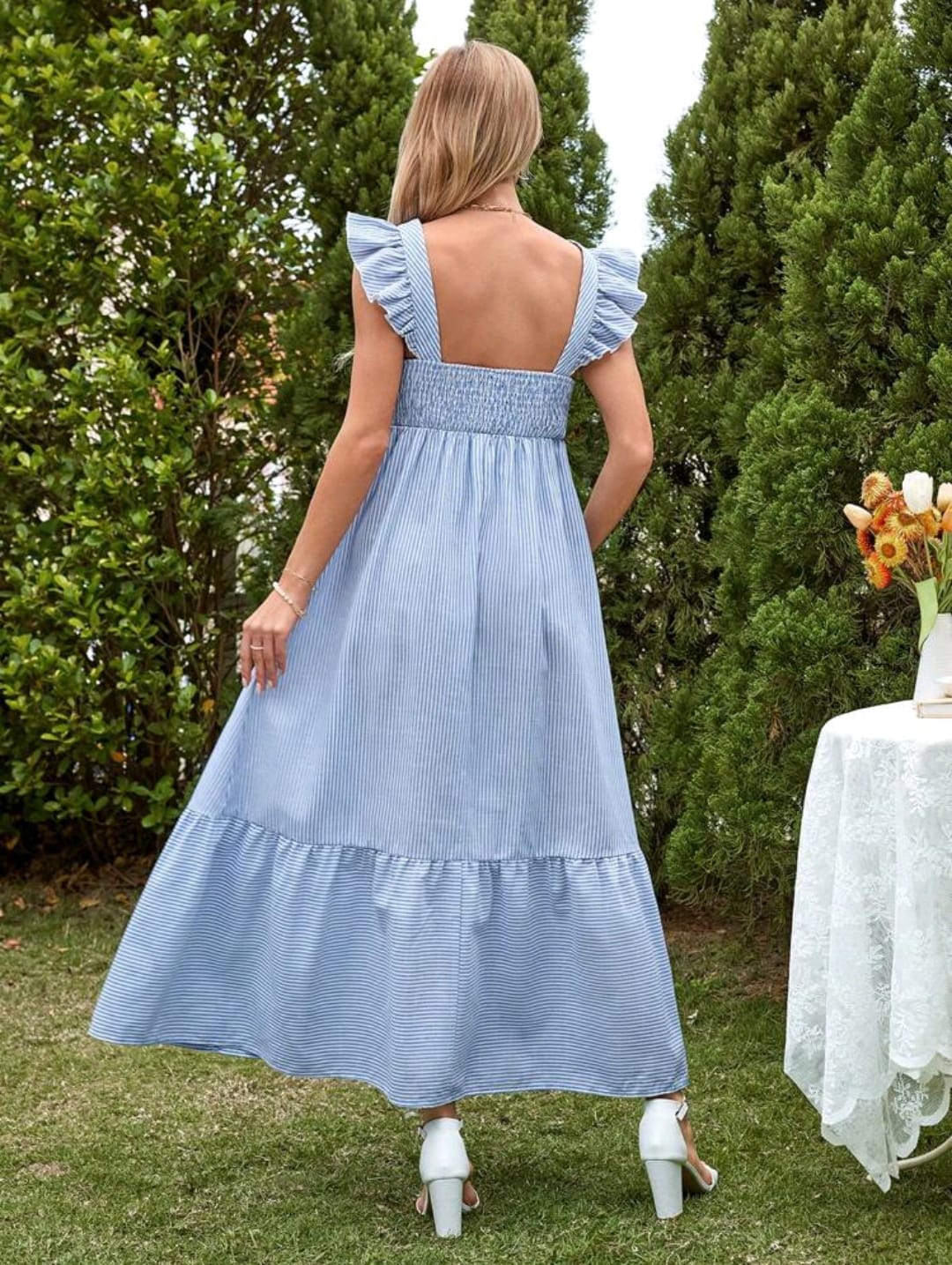 Vestido de lactancia con mangas fruncidas Celeste con rayas blancas