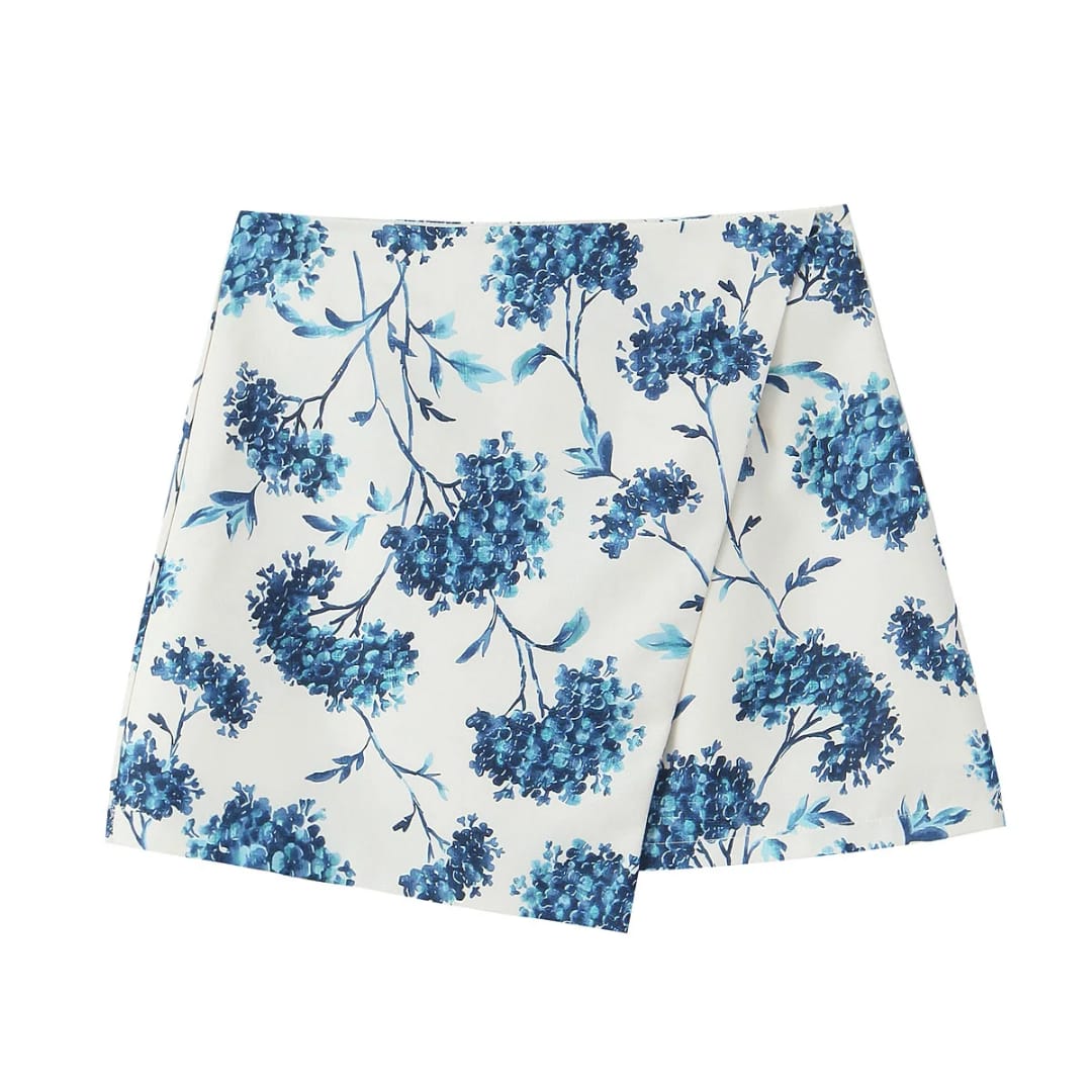 Conjunto para mujer de short falda y top estampado azul para verano