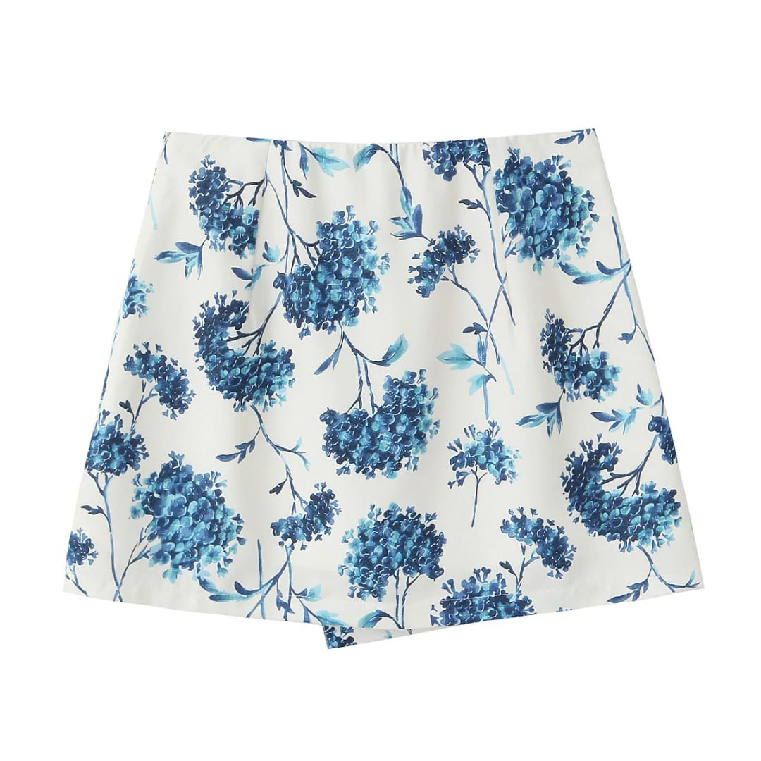 Conjunto para mujer de short falda y top estampado azul para verano