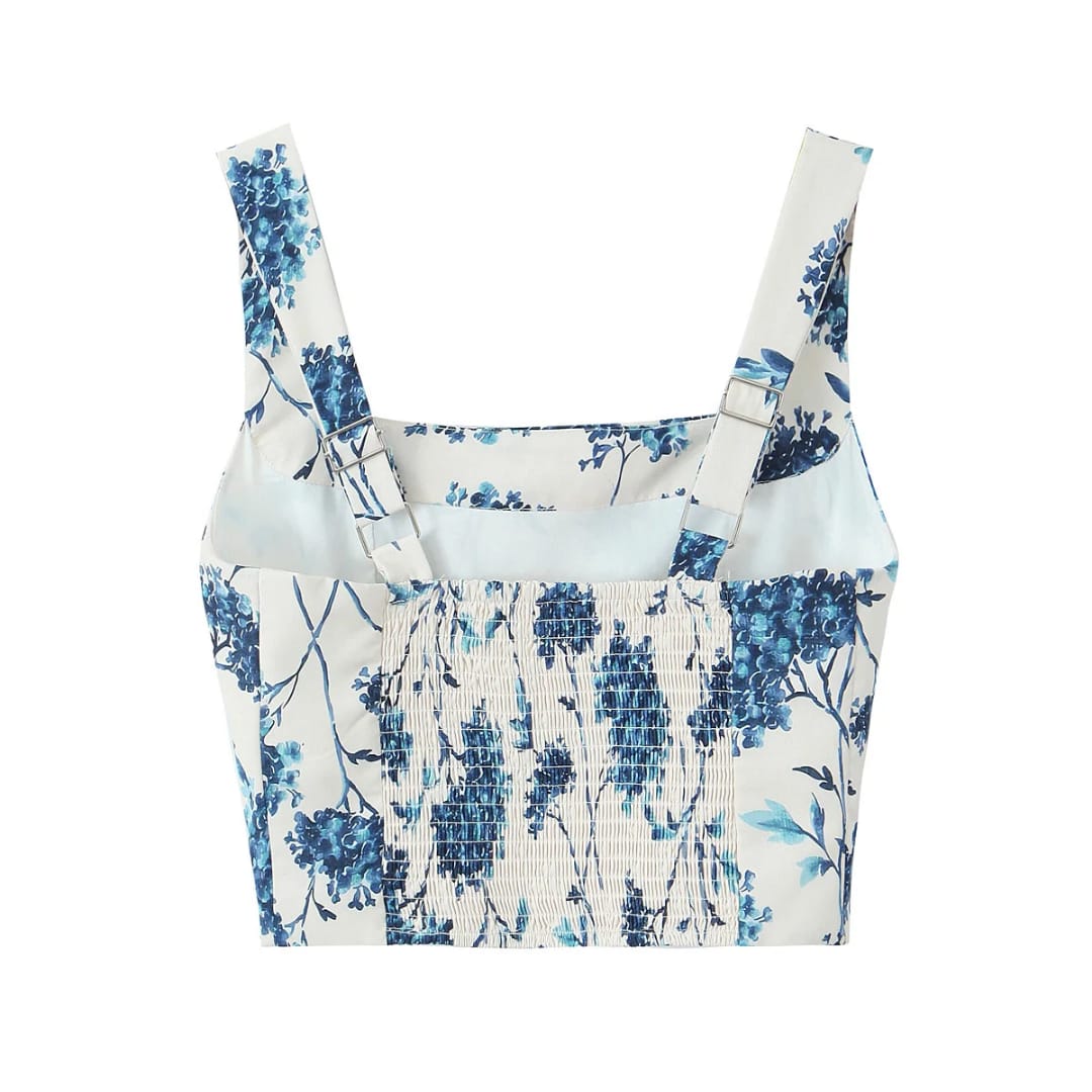 Conjunto para mujer de short falda y top estampado azul para verano