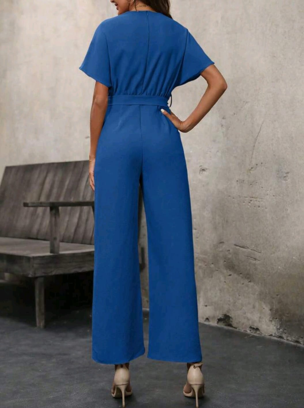 Jumpsuit De Pierna Ancha y Cuello En V azul