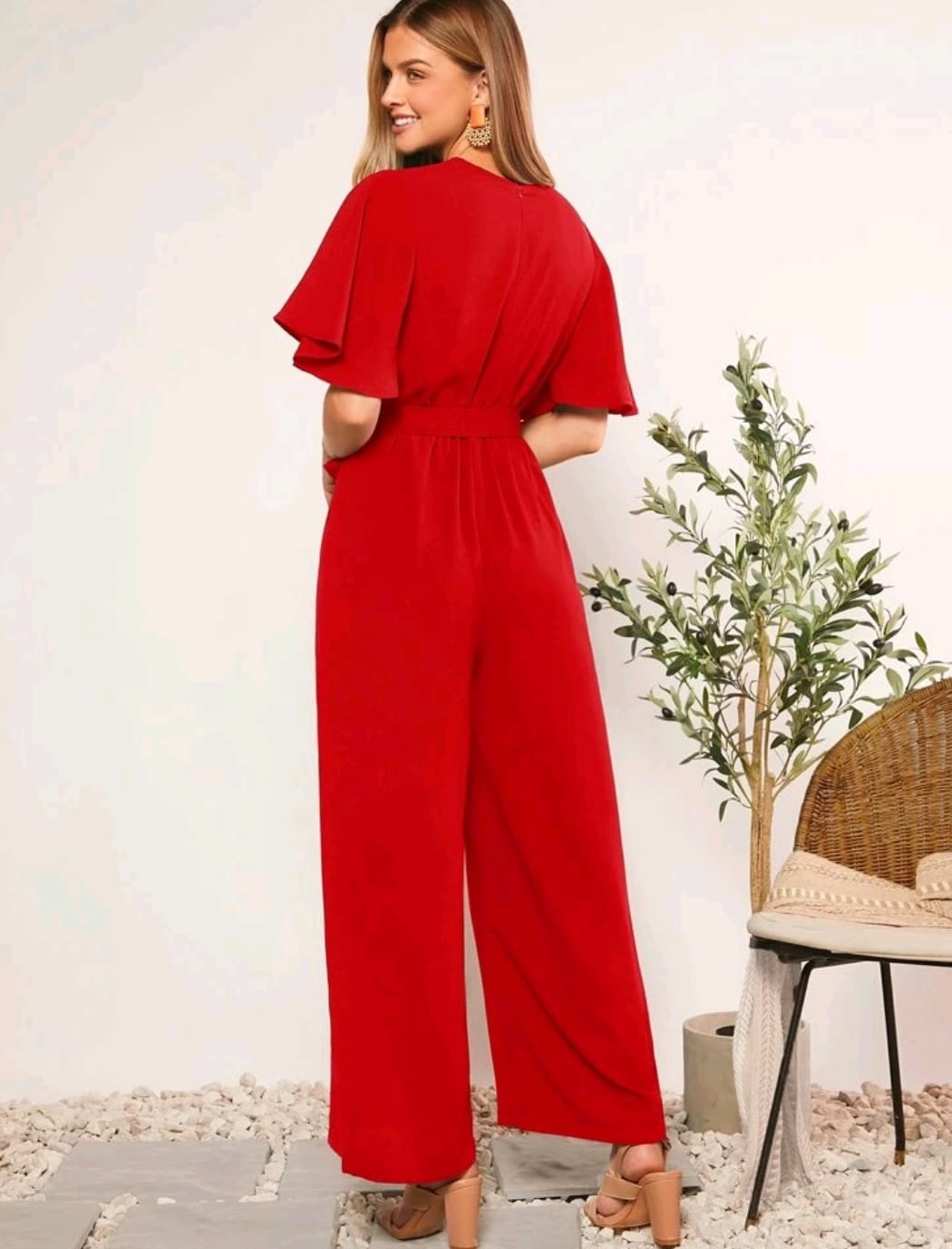 Jumpsuit De Pierna Ancha y Cuello En V rojo