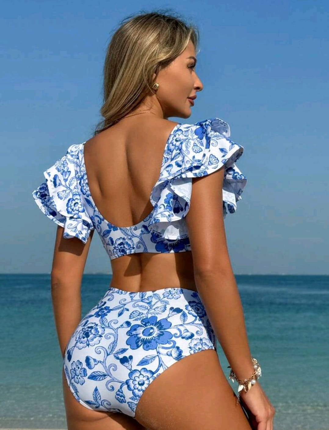 Traje de baño dos piezas talle alto con estampado floral para mujer