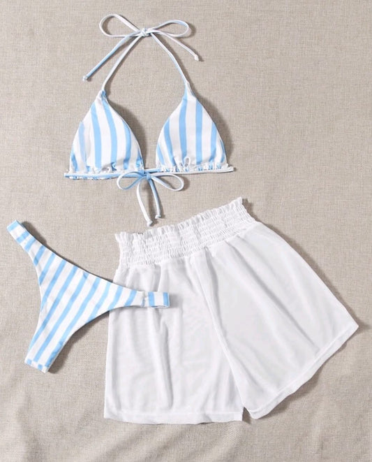 Traje de baño de tres piezas con salida de baño, bikini tipo brasileño color blanco con celeste a rayas