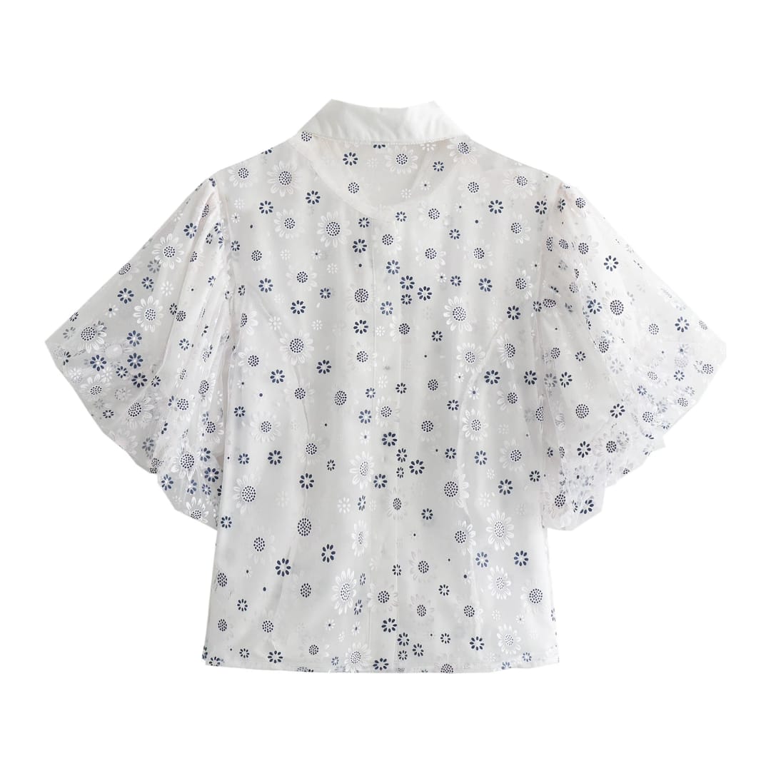 Blusa de cuello para mujer con mangas blanca con estampado
