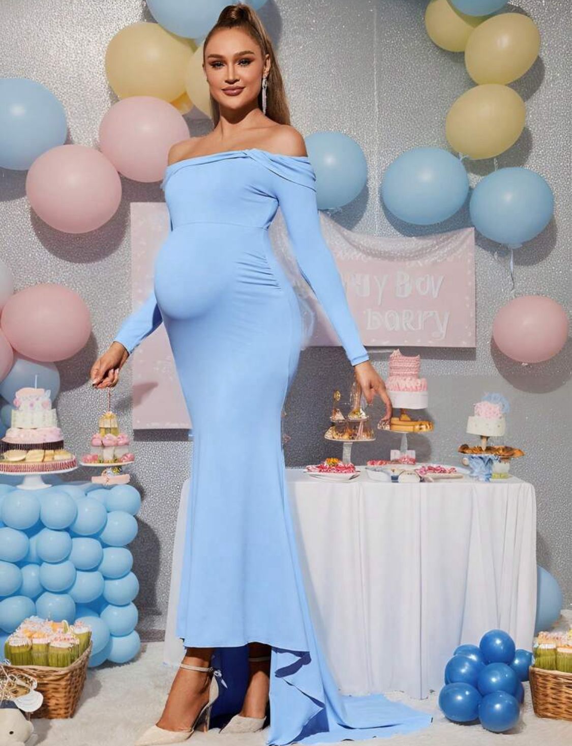 Vestido maternidad largo celeste de un hombro
