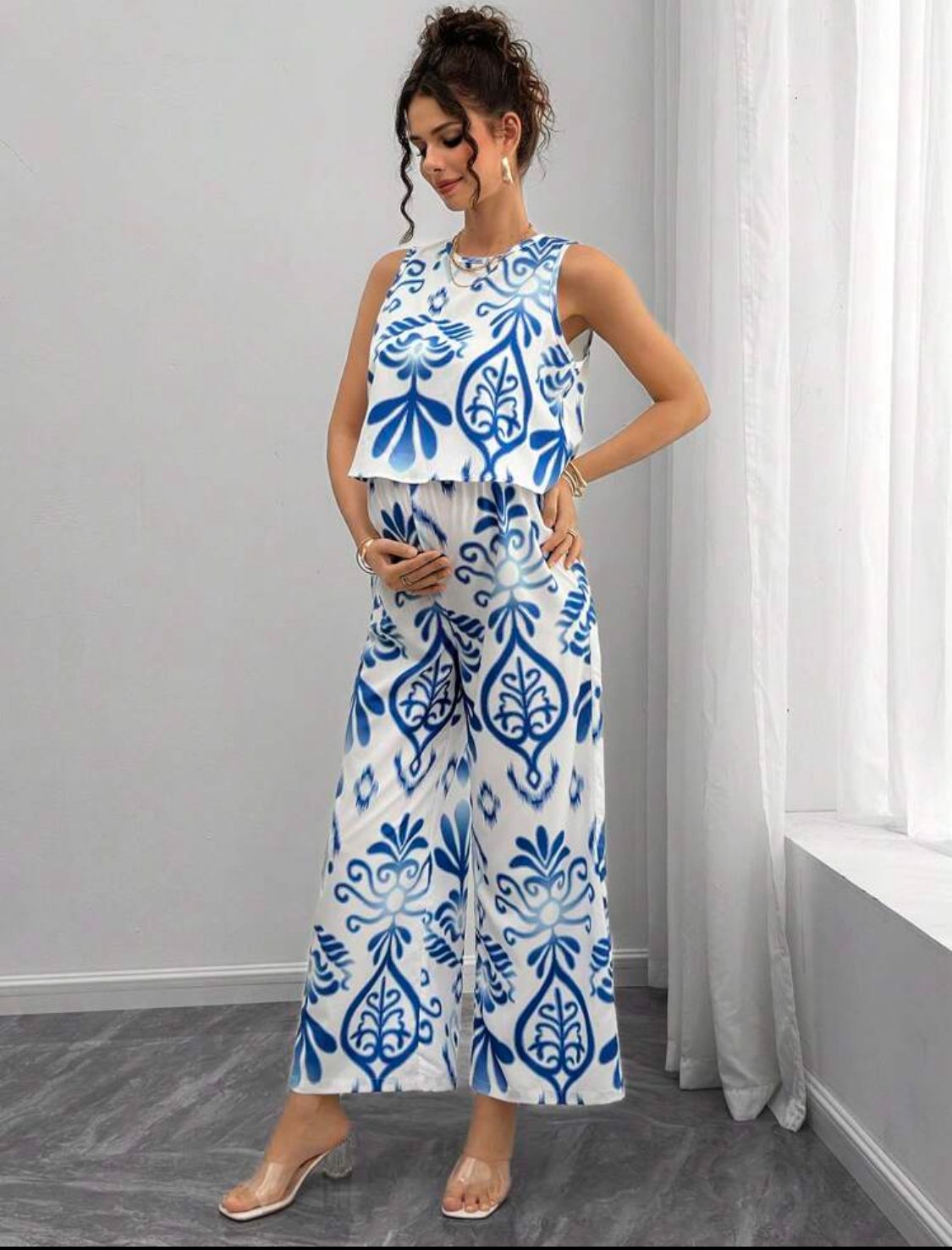 Conjunto de maternidad de top y pantalón estampado azul
