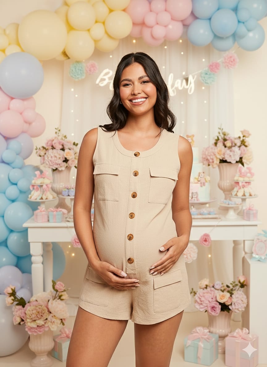 Romper lactancia de algodón y lino para maternidad crema