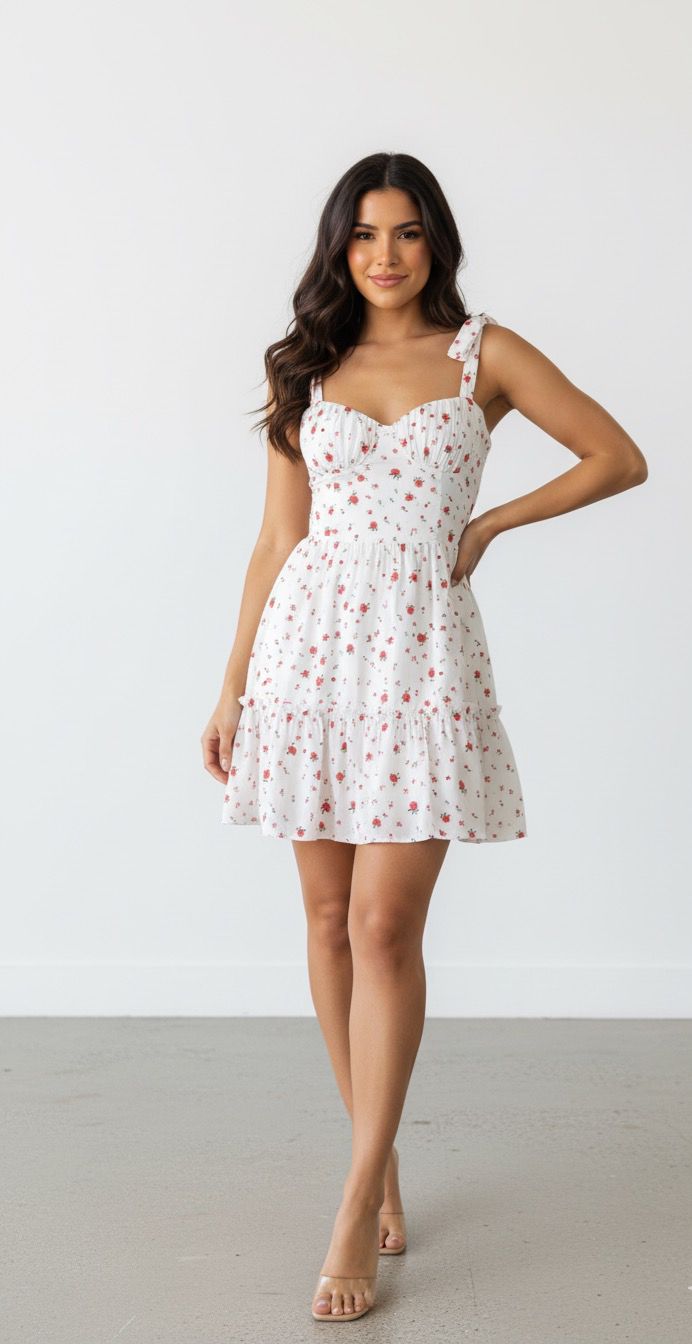 Vestido estilo coquette corto con tirantes, con corset, perfecto para verano, bautizos, brunch color blancoy eventos casuales