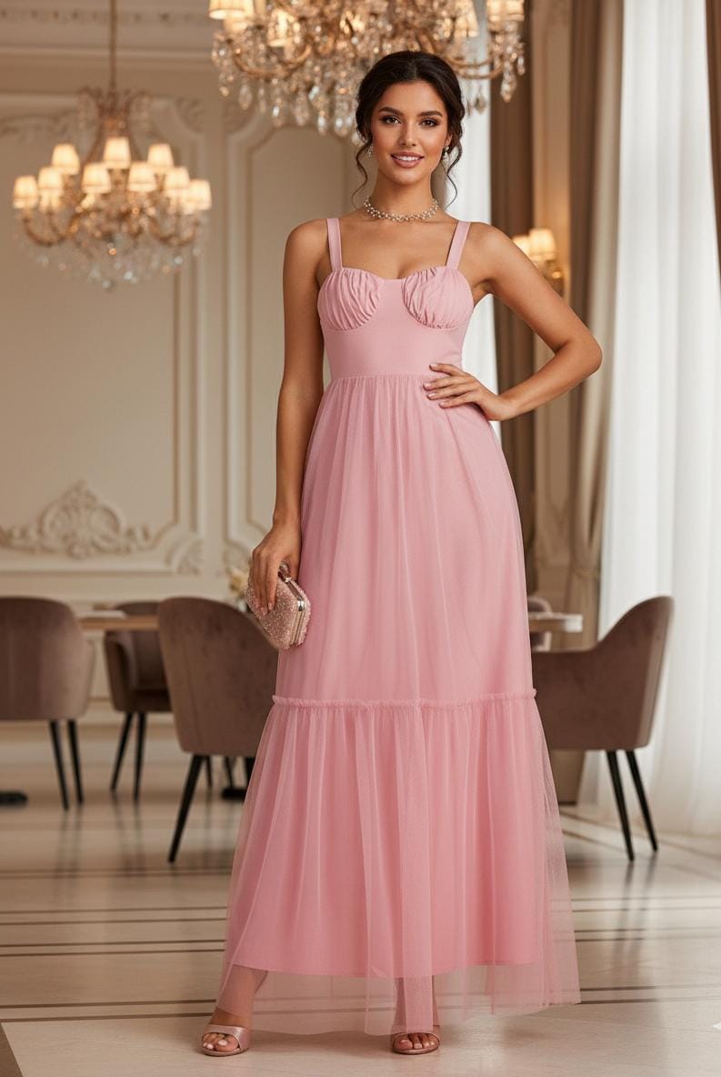Vestido rosado largo con malla en falda