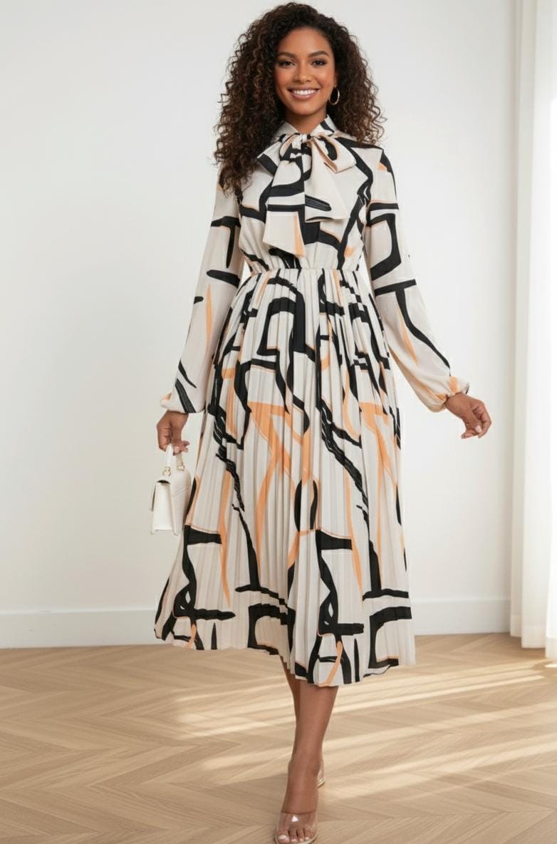 Vestido manga larga estampado negro con naranja