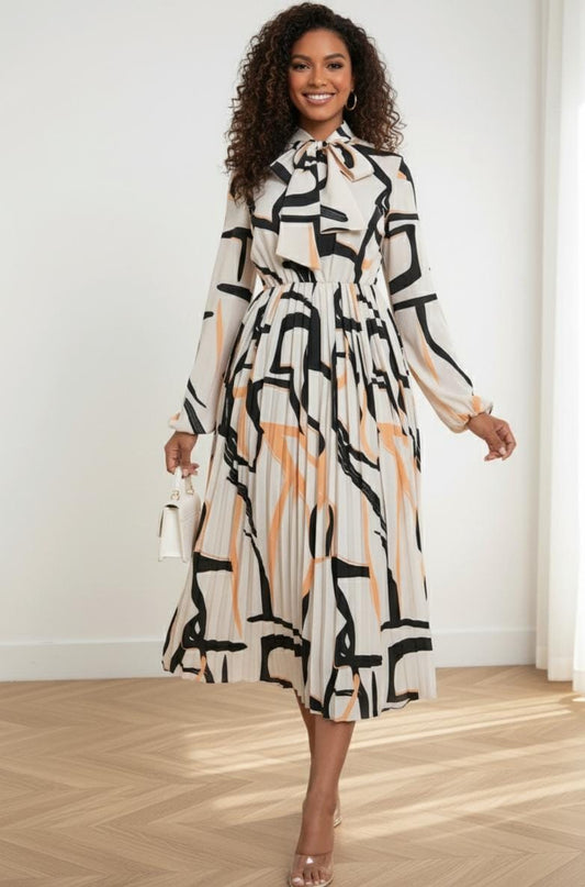 Vestido manga larga estampado negro con naranja