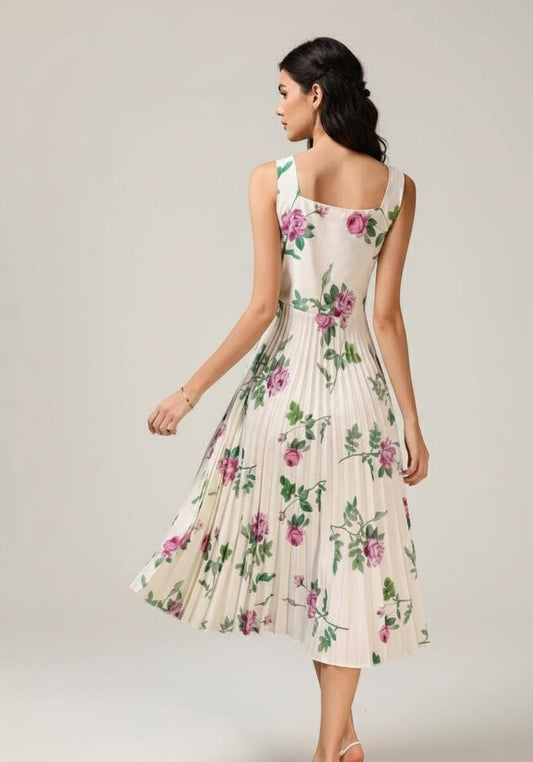 Vestido perla largo con perlitas en el pecho estampado floral