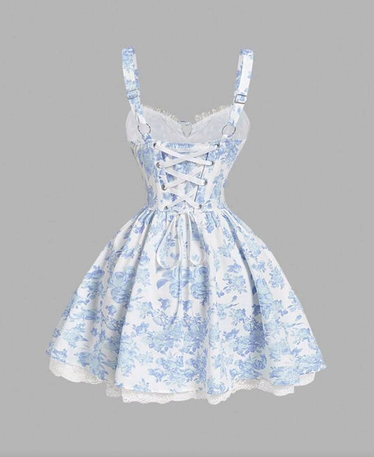 Vestido corto coquette de tirantes estampado azul