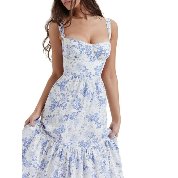 Vestido celeste estampado, con bolsillo sin mangas estilo midi
