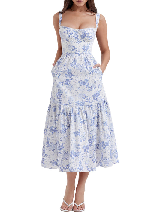 Vestido celeste estampado, con bolsillo sin mangas estilo midi