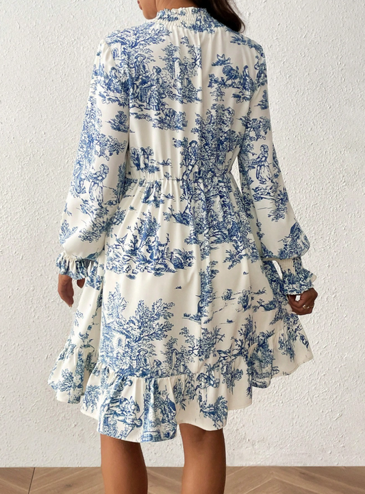 Vestido blanco con celeste casual de manga larga con cuello vuelto, estampado botánico, para maternidad, ideal para vacaciones