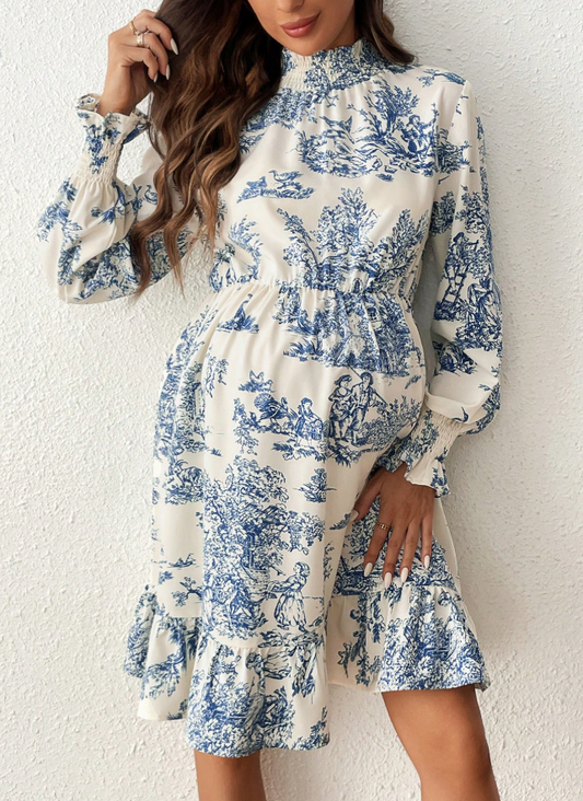 Vestido blanco con celeste casual de manga larga con cuello vuelto, estampado botánico, para maternidad, ideal para vacaciones