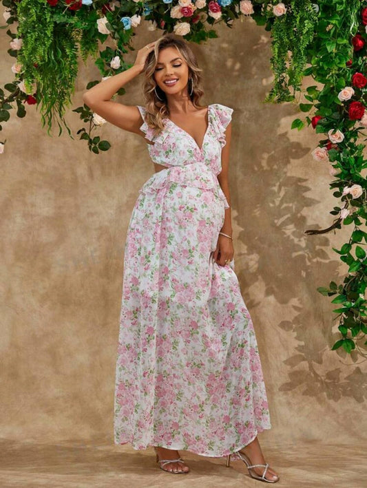 Vestido largo floral de maternidad rosa