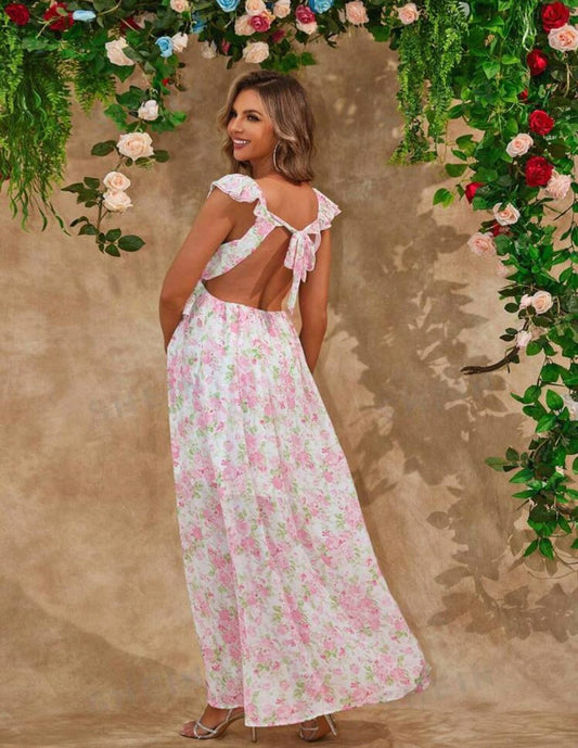 Vestido largo floral de maternidad rosa