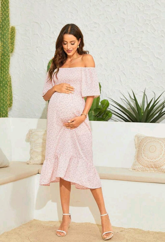 Vestido De Maternidad estampado rosa midi con hombros descubiertos perfecto para babyshowers y eventos espciales de día
