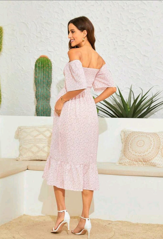 Vestido De Maternidad estampado rosa midi con hombros descubiertos perfecto para babyshowers y eventos espciales de día